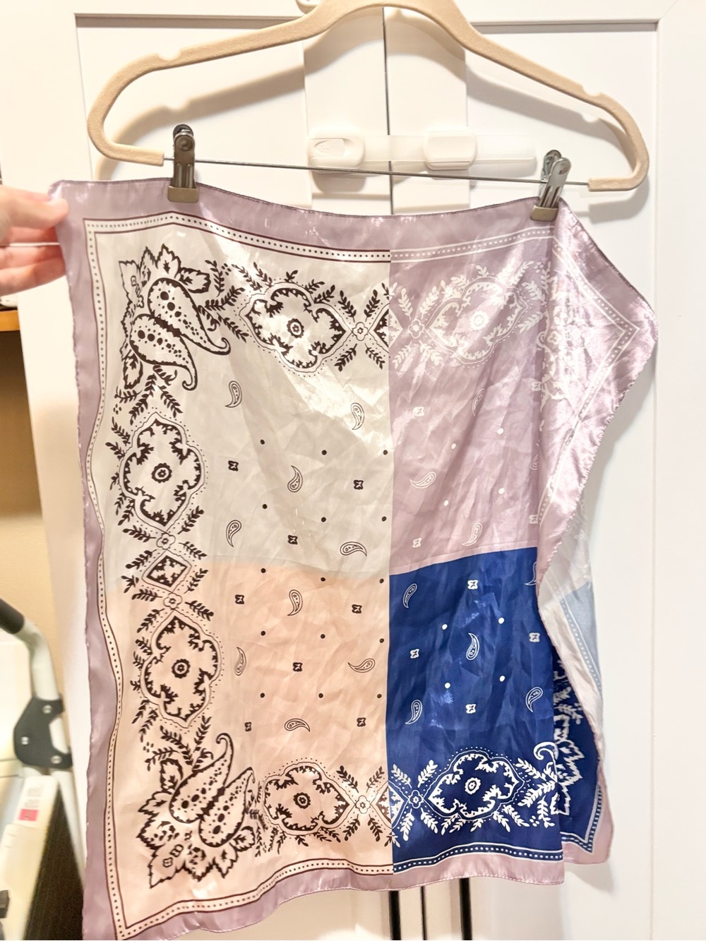 Silky Paisley Bandana Scarf in Lavender, Cream & Royal Blue